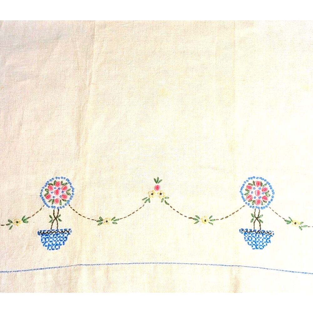 Vtg 1940s Irish Linen Guest Hand Towel Embroidered French Knot Floral Topiary